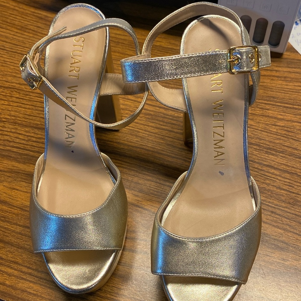 Stuart Weitzman Metallic Gold Open-Toe Ankle Strap Heels